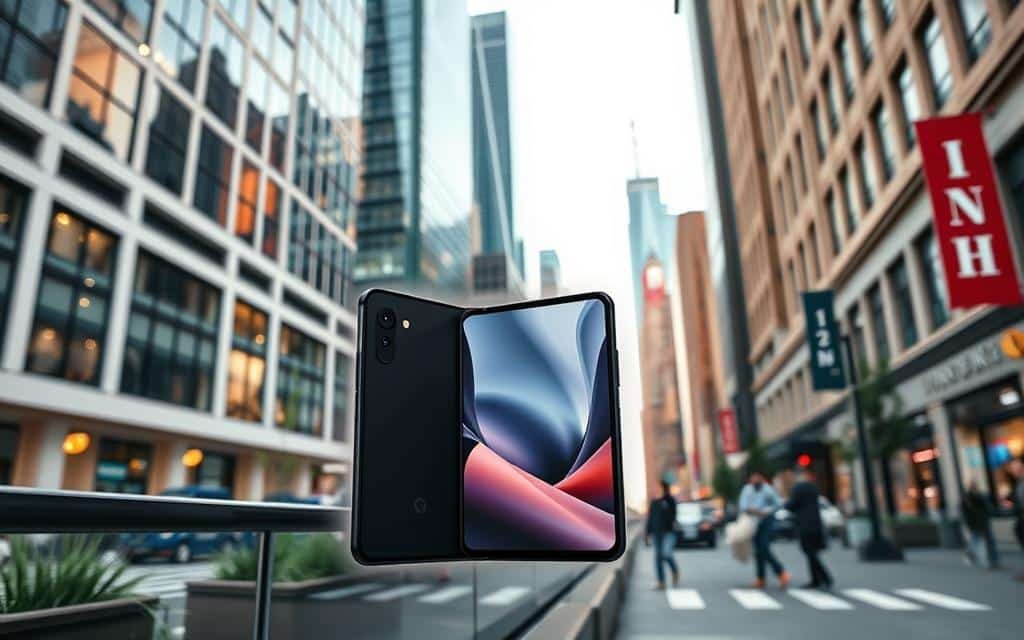 Generate an image of the Google Pixel 9 Pro Fold in a stylish, urban environment.