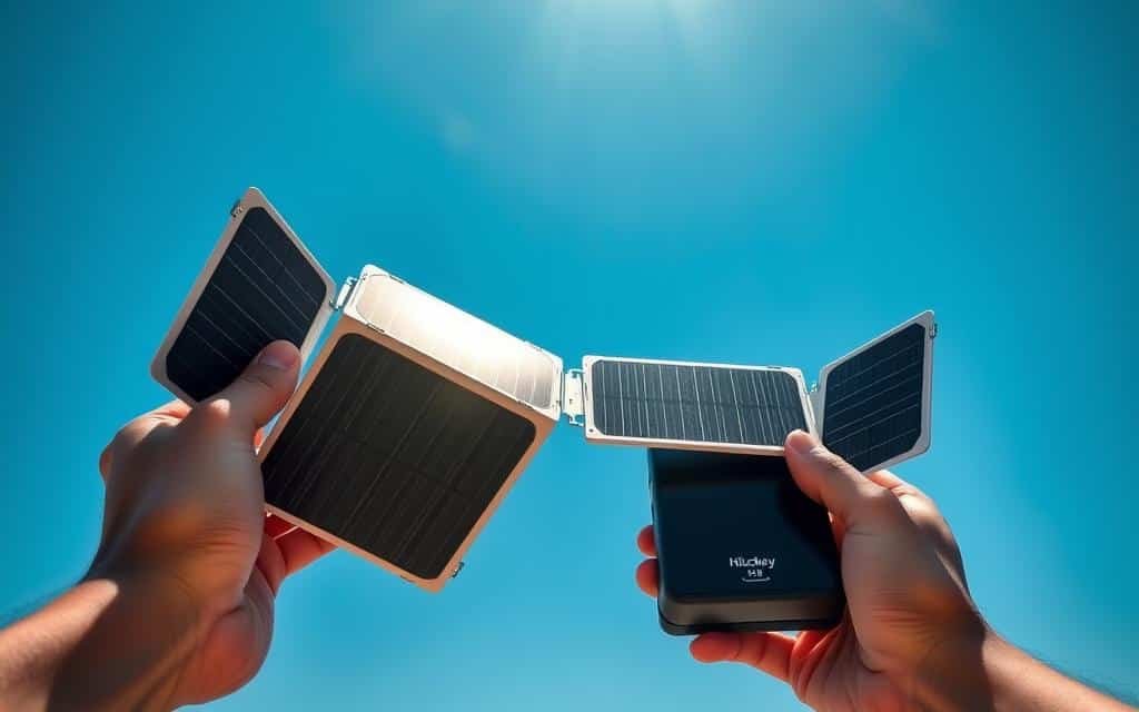 Generate an image of the Hiluckey Solar Power Bank with its solar panels unfolded.