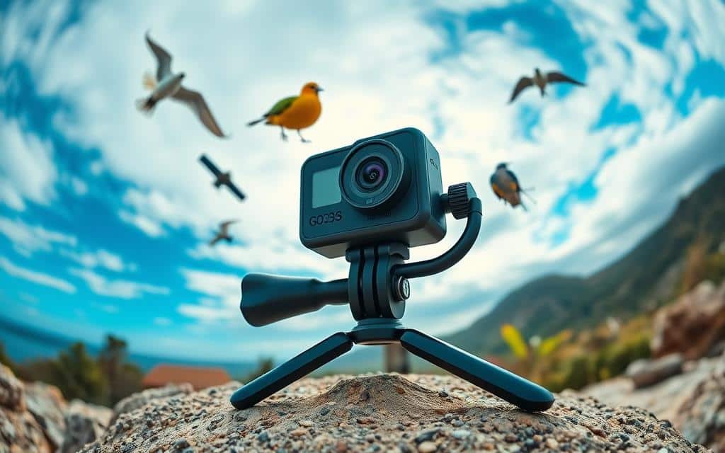 Generate an image of the Insta360 Go3S action camera in a unique mounting position, showcasing its miniature size and versatility.