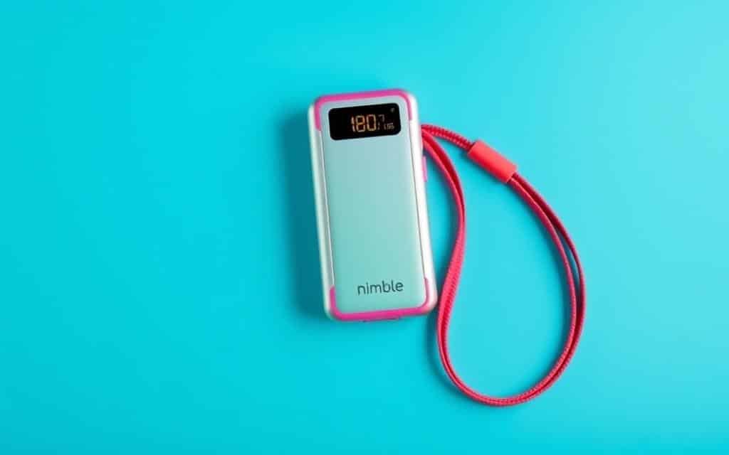 Generate an image of the Nimble Champ10K Portable Charger in bright colors with a lanyard wristband.