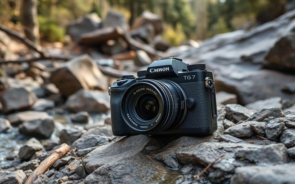 Generate an image of the OM System Tough TG-7 camera in a rugged outdoor setting.