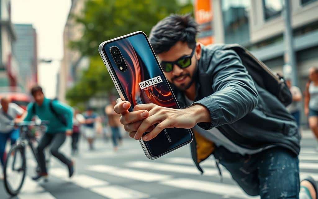 Generate an image of the OnePlus Open in a dynamic, action-packed scene.