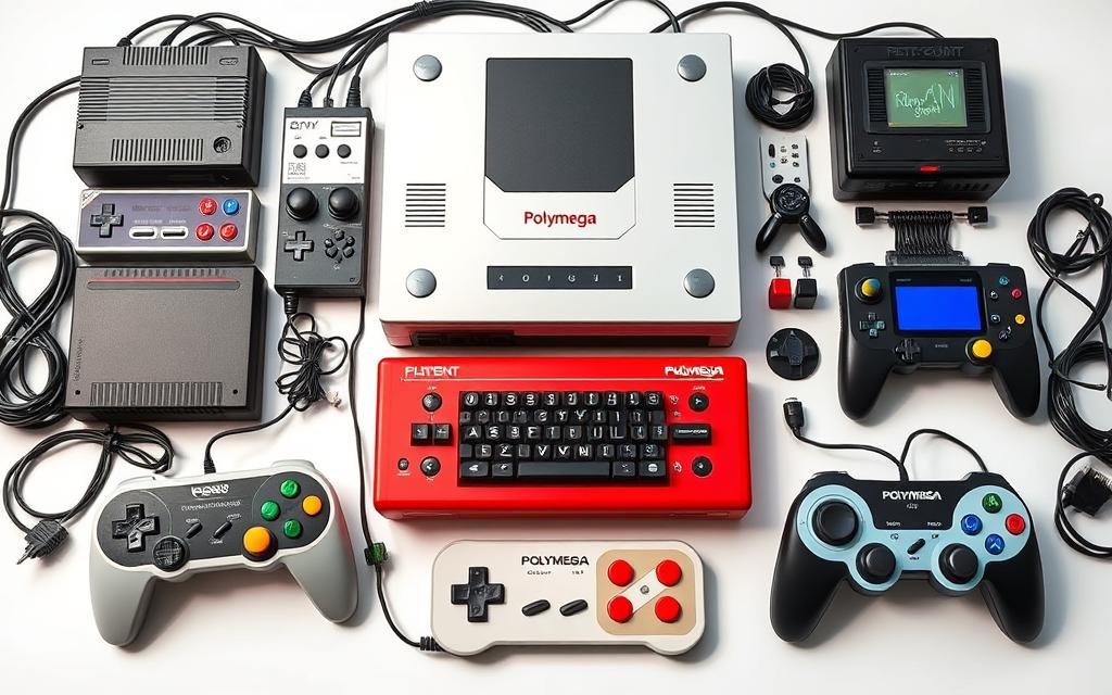 Generate an image of the Polymega retro console with its various modules and controllers.