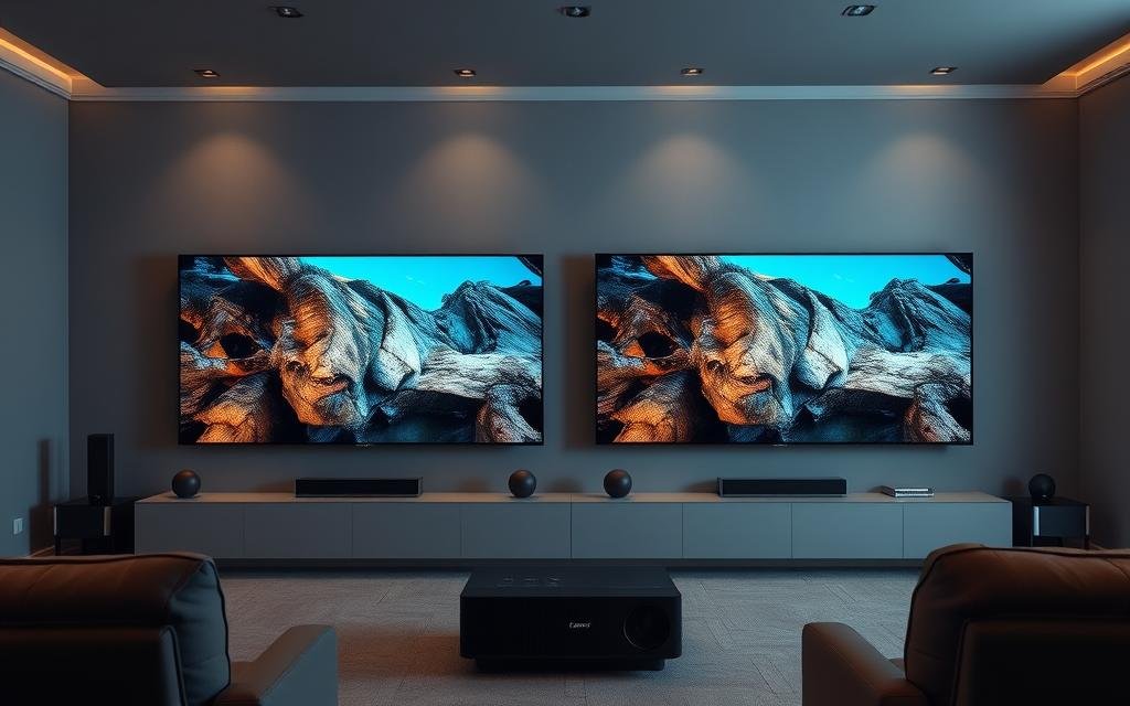 High-quality side-by-side comparison of a large-screen TV and a high-end projector, showcasing the differences in picture quality and resolution. The TV and projector are placed in a well-lit home theater setting, with a neutral gray background and subtle ambient lighting to highlight the screen details. The TV and projector images should be clear, crisp, and vibrant, allowing viewers to appreciate the nuances in sharpness, color accuracy, and dynamic range. Realistic materials, textures, and reflections should be present to convey a sense of realism and immersion. The overall composition should be balanced, with the TV and projector occupying the central focus, allowing the viewer to easily compare and contrast the visual experience of each display technology.