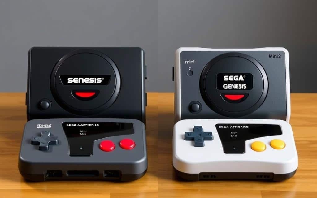 Image of Sega Genesis Mini and Mini2 consoles side by side, showcasing their design differences.