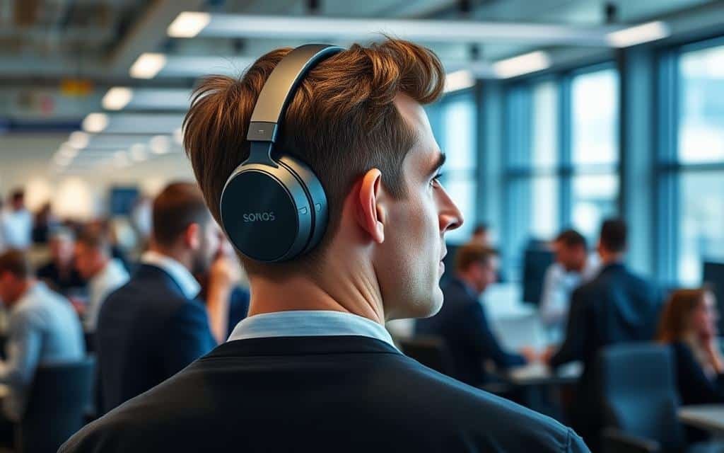 Image of Sonos Ace headphones being used in a busy office