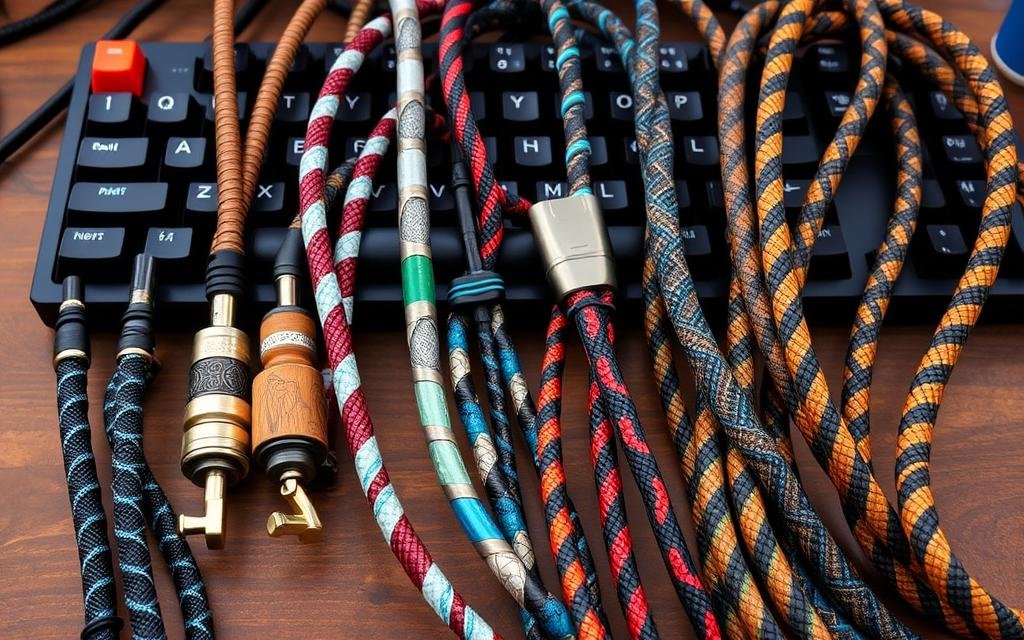 Image of custom coiled keyboard cables and artisan wrist rests