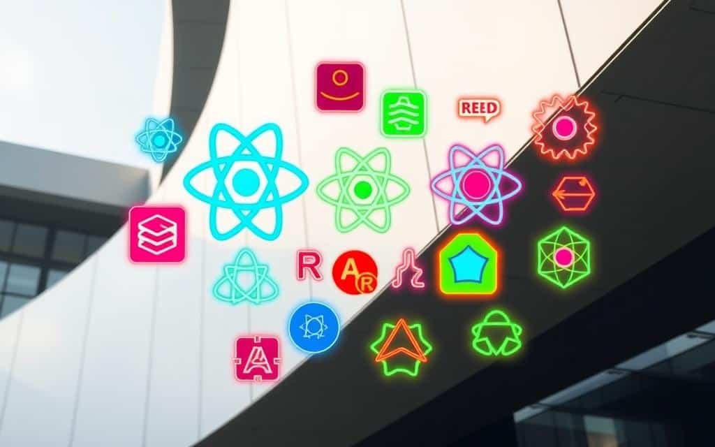 Vibrant, neon-tinged icons and logos of popular React ecosystem libraries float against a backdrop of sleek, minimalist architectural elements. The foreground features a dynamic arrangement of React, Redux, React Router, Material-UI, Axios, Styled Components, and other essential tools, their shapes and colors in harmonious contrast. Soft, directional lighting casts dramatic shadows, creating a sense of depth and dimensionality. The overall composition conveys the richness, flexibility, and power of the React development ecosystem, inspiring creativity and innovation.