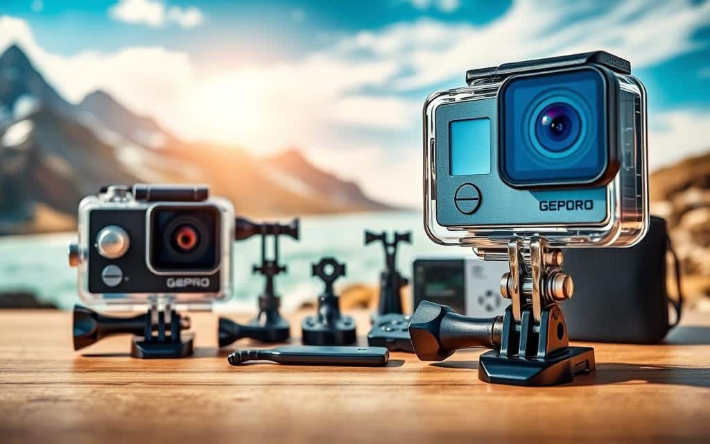 a vibrant, high-resolution image of an action camera with its key features prominently displayed. The camera should be placed in the foreground, capturing the viewer's attention. The middle ground should showcase various accessories such as mounts, remote controls, and storage options. The background should depict a dynamic, outdoor environment, perhaps with a mountain landscape or a scenic beach, to convey the adventurous spirit of action cameras. The lighting should be natural and bright, highlighting the camera's sleek design and advanced capabilities. The overall mood should be one of excitement and exploration, encouraging the viewer to consider the versatility and durability of action cameras.