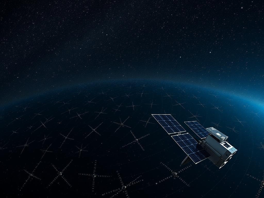 A breathtaking panoramic view of the OneWeb satellite network soaring majestically against a backdrop of a starry night sky. In the foreground, a sleek, metallic satellite gracefully deploys its solar panels, bathed in a soft, ethereal glow. The middle ground features a constellation of identical satellites, their precise orbits creating a mesmerizing dance across the heavens. The background is dominated by a vast, inky blackness punctuated by twinkling stars, conveying a sense of boundless cosmic expanse. The overall scene exudes a feeling of technological prowess, innovation, and humanity's relentless pursuit of global connectivity.