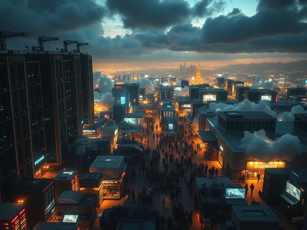 A bustling cloud marketplace, illuminated by the soft glow of digital infrastructure. In the foreground, towering tech titans engage in a strategic dance, their servers and data centers casting long shadows across the competitive landscape. The middle ground teems with innovative startups, their nimble cloud offerings vying for market share amidst the behemoths. In the distant background, a hazy horizon of emerging cloud technologies and disruptive innovations, hinting at the ever-evolving nature of this dynamic industry. Captured through the lens of a wide-angle, cinematic perspective, the image conveys the intensity, complexity, and ceaseless evolution of the cloud computing market in the year 2025.