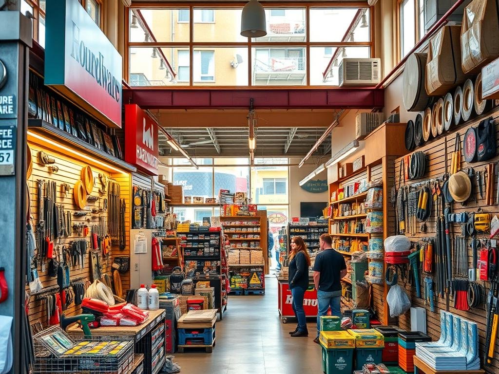a bustling hardware store nestled in a vibrant urban landscape, its façade adorned with a prominent sign and an array of tool-filled displays in the large windows. the interior is well-lit, with high ceilings and neatly organized aisles stocked with a diverse selection of tools, materials, and home improvement essentials. knowledgeable staff members are ready to assist customers, creating a warm and welcoming atmosphere. the store's layout is designed for efficient navigation, with clear signage and intuitive product groupings. warm, natural lighting filters in through large windows, casting a cozy glow over the space and highlighting the quality of the products on offer. the overall impression is one of a reliable, community-focused hardware store that caters to the diverse needs of its patrons.