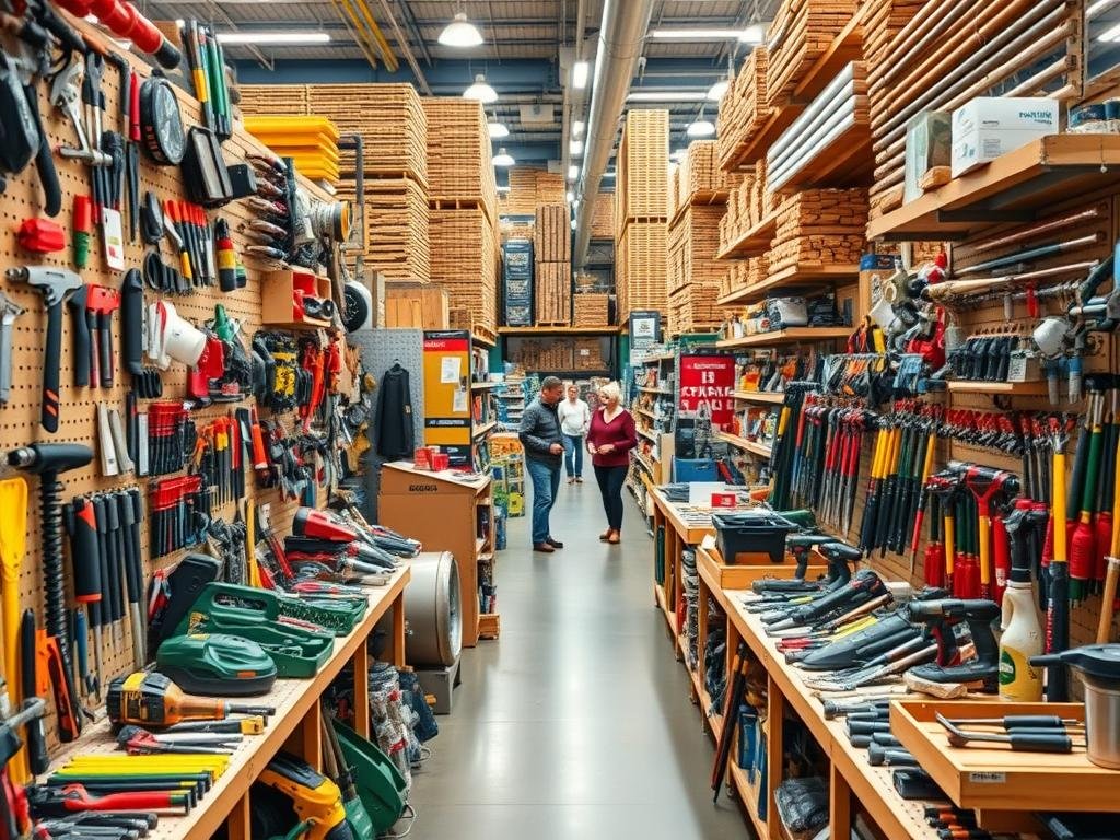 a bustling hardware store showcasing an array of tools, supplies, and building materials. in the foreground, an assortment of power tools, hand tools, and gardening implements are displayed on shelves, with warm lighting casting a inviting glow. in the middle ground, customers browse through aisles stocked with hardware, plumbing, and electrical components, creating a sense of activity and purpose. the background features towering racks of lumber, pipes, and other construction materials, hinting at the store's comprehensive inventory. the overall scene conveys a sense of functionality, productivity, and the promise of diy success, captured with a crisp, realistic photographic style and a balanced, well-lit composition.