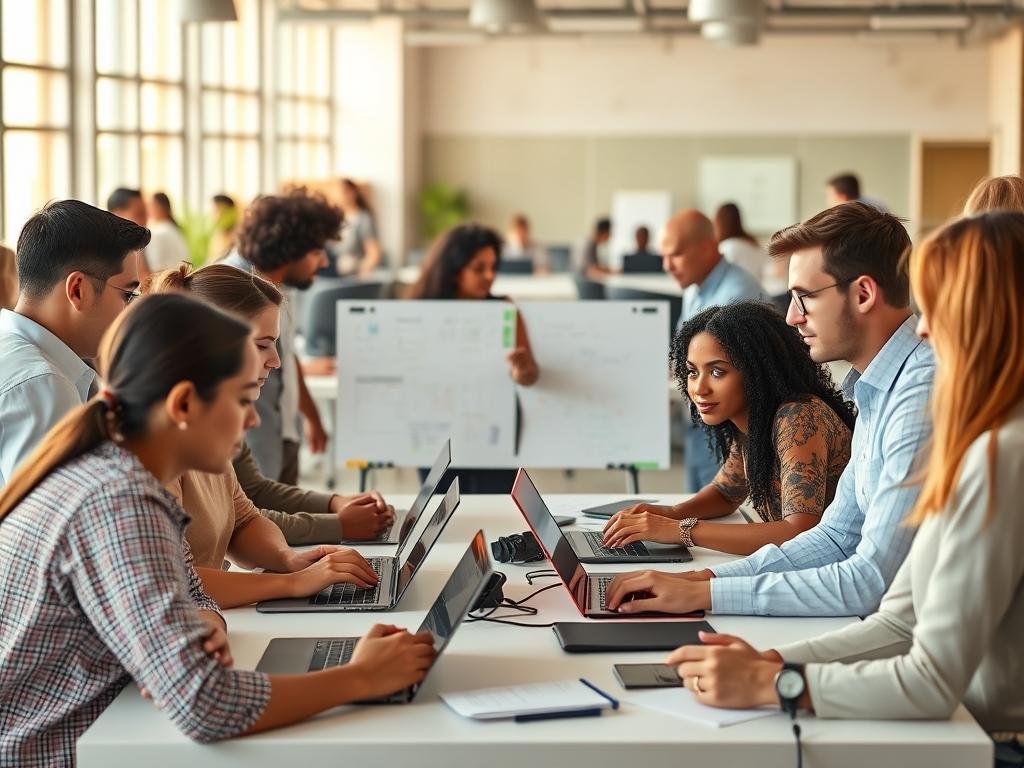 A bustling office setting, with employees of diverse backgrounds gathered around a central table. In the foreground, a group is intently studying AI-powered training modules on their laptops, their expressions focused and determined. The middle ground features a team collaborating on a virtual whiteboard, their gestures animated as they discuss emerging technologies. The background showcases an open, airy workspace, bathed in warm, natural lighting filtering through large windows. The overall atmosphere conveys a sense of innovation, adaptability, and a shared commitment to navigating the future of work enhanced by AI capabilities.