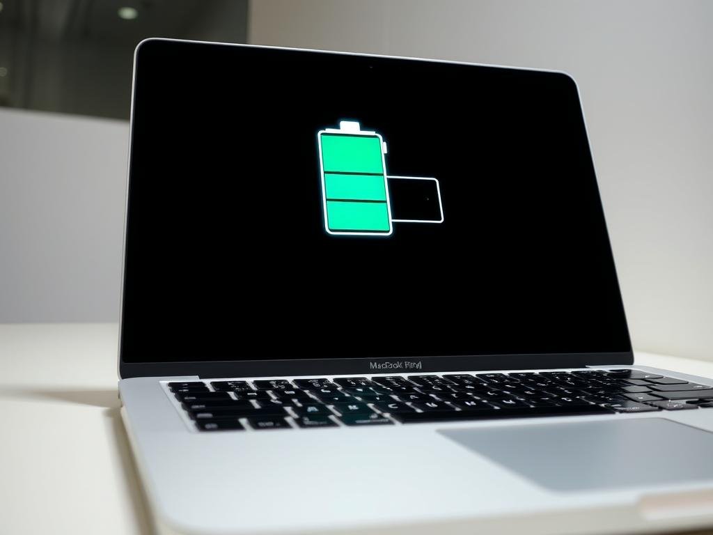 A close-up shot of a MacBook Pro M4 laptop, its sleek aluminum body gleaming under bright studio lighting. The screen displays a battery life indicator, showing the remaining charge in vivid detail. The display seamlessly blends with the laptop's elegant design, creating a harmonious, high-tech composition. The background is blurred, putting the focus entirely on the device and its impressive power efficiency. The image conveys a sense of advanced technology, reliability, and the laptop's ability to deliver long-lasting battery life for productive work sessions.
