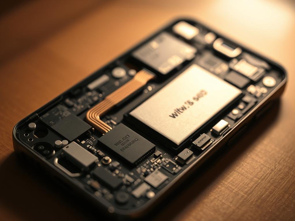 A closeup view of a disassembled smartphone, exposing its internal components. The phone's circuit board, battery, and heat sink are visible, with heat dissipation techniques like thermal paste and copper heat pipes clearly depicted. The scene is illuminated by a soft, warm light, creating a technical and informative atmosphere. The composition highlights the intricate engineering required to manage smartphone heat, emphasizing the importance of proper hardware maintenance.