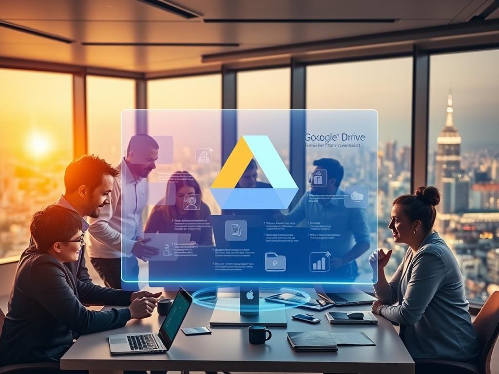 A collaborative workspace within Google Drive, featuring a group of professionals working together on shared documents and projects. The foreground showcases a team huddle around a large desktop monitor, with a sleek, modern office interior in the background. Warm lighting illuminates the scene, creating a productive and focused atmosphere. The team members are engaged in animated discussion, with laptops, tablets, and other digital tools scattered across the table. In the middle ground, a floating holographic interface displays real-time collaboration features, seamlessly integrating the team's workflow. The background features expansive windows, offering a panoramic view of a vibrant cityscape, symbolizing the global reach and scalability of the Google Drive platform.