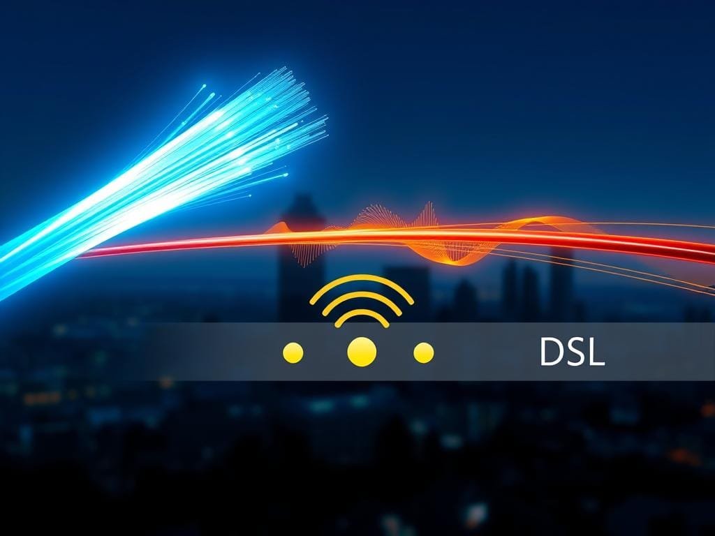 A comparative illustration of fiber, cable, and DSL internet connectivity. Featuring three distinct transmission lines in the foreground, representing the three technologies. The fiber optic line glows with a brilliant blue luminescence, symbolizing its superior reliability and speed. The cable line pulses with a steady orange rhythm, conveying its consistent performance. The DSL line wavers and flickers, suggesting its variable and less dependable nature. In the middle ground, a series of signal strength indicators visually contrasts the connection stability of each internet type. The background depicts a stylized cityscape, hinting at the real-world applications and infrastructure supporting these technologies.