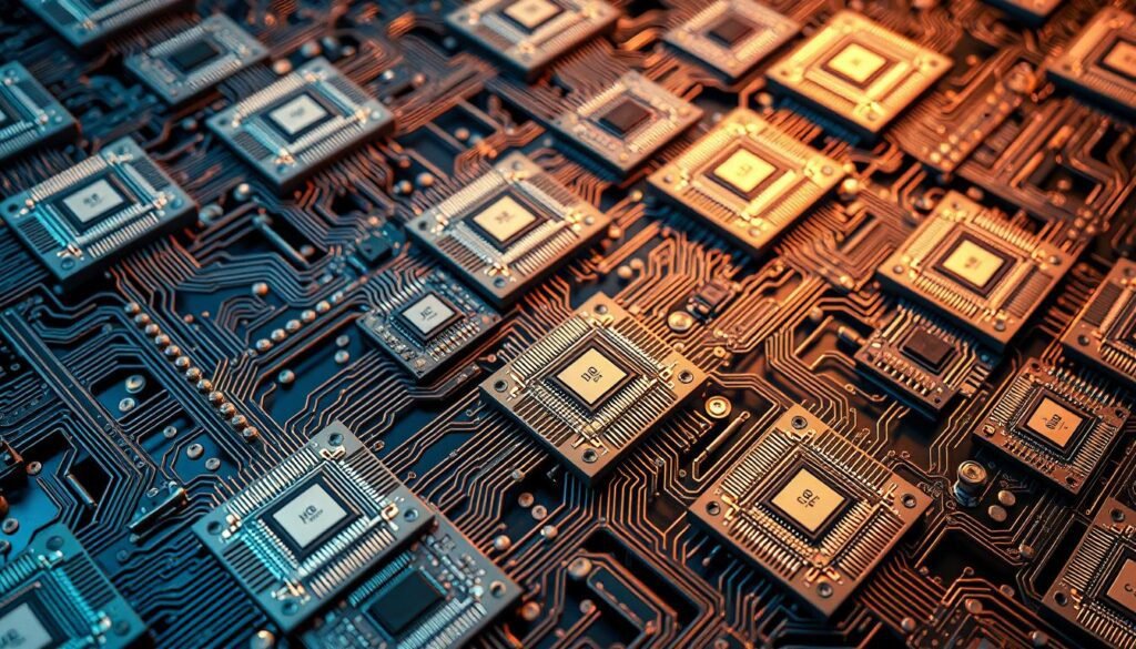 A complex array of interconnected neuromorphic processors, their intricate circuitry inspired by the human brain. Sleek, metallic housings house a network of specialized chips, arranged in a grid-like pattern. Soft, diffused lighting illuminates the processors, casting a warm glow and highlighting their delicate architecture. The scene conveys a sense of technological sophistication and energy-efficient computing power, hinting at the potential of brain-inspired AI chips to revolutionize the field of artificial intelligence. The overall mood is one of innovative, futuristic technology in service of advanced, energy-conscious computing.