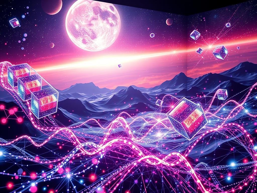 A complex three-dimensional scene depicting the fundamental principles of quantum computing. In the foreground, vibrant quantum particles and waves swirl and collide, visualizing the probabilistic nature of quantum mechanics. In the middle ground, qubits represented as glowing cubes float and interact, showcasing the superposition and entanglement that enable quantum parallelism. In the background, a vast, ethereal landscape of quantum fields and distorted spacetime frames the scene, hinting at the cosmic scale of quantum phenomena. Dramatic lighting casts dramatic shadows, creating a sense of depth and mystery. The overall atmosphere is one of scientific wonder and the vastness of the quantum realm.