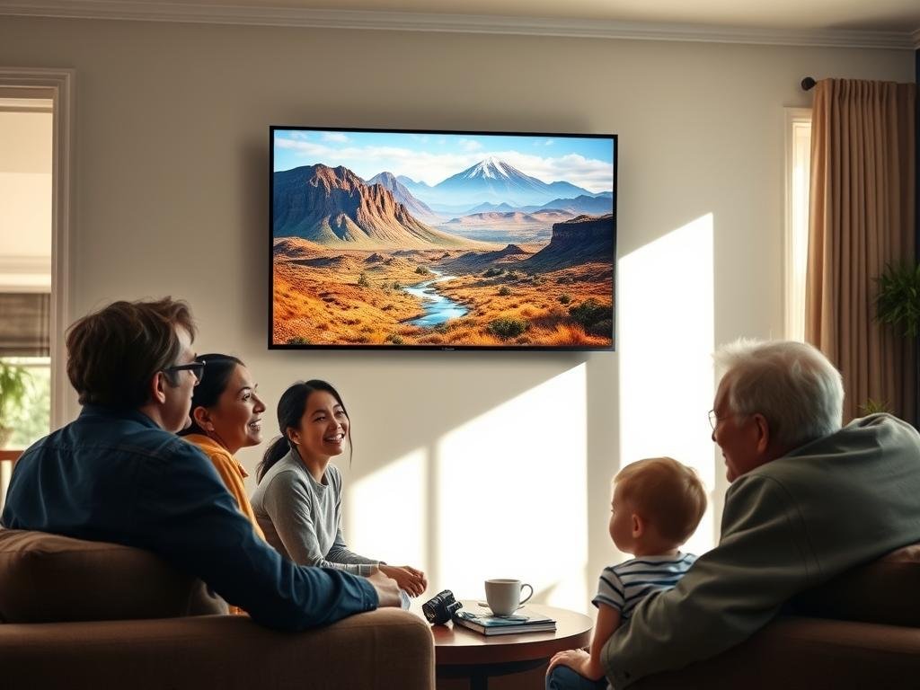 A cozy living room setting, with a Samsung Frame Pro TV mounted on the wall, displaying a vibrant, artistic landscape. In the foreground, a group of people - a young couple, an older gentleman, and a child - are gathered around the TV, engaged in animated discussion, their expressions conveying genuine delight and fascination. Soft, warm lighting filters in through large windows, creating a inviting, relaxed atmosphere. The room is tastefully decorated, with hints of modern and traditional elements, reflecting the versatility of the Frame Pro's design. The overall scene depicts the seamless integration of the Frame Pro into a real-world, lived-in space, and the sense of wonder and appreciation it evokes from its users.