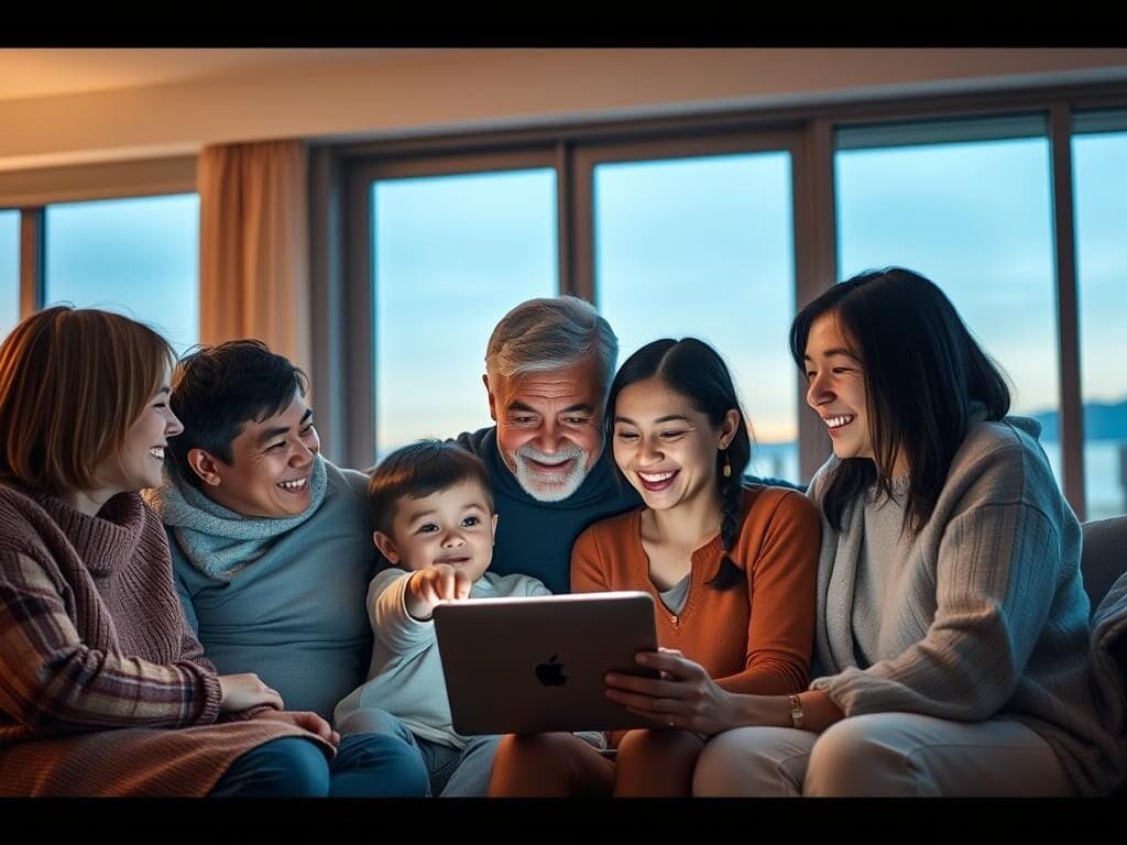 A cozy living room with a large family gathered around an Apple device, sharing a joyful moment together. The warm lighting creates a soft, inviting atmosphere as they interact, faces illuminated by the glow of the screen. In the foreground, a young child excitedly points at the device, surrounded by attentive parents and grandparents. The middle ground features a stylish, minimalist interior design with neutral tones and clean lines, complementing the Apple aesthetic. The background showcases a tranquil outdoor scene visible through large windows, adding a sense of openness and connection to the natural world. The overall composition conveys the harmony and togetherness of a family united through the seamless integration of Apple technology.