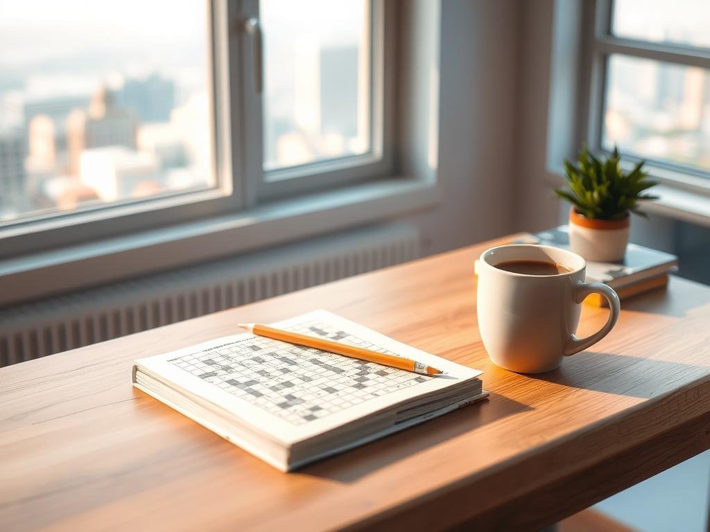a cozy, well-lit desk setup with a mini crossword puzzle book, a sharpened pencil, and a hot cup of coffee. the desk is made of warm, natural wood, with a clean, minimalist aesthetic. the background features a gentle, blurred cityscape through a large window, creating a calming, productive atmosphere. the lighting is soft and inviting, casting a gentle glow on the desk items. the mini crossword book is open, with a few clues already filled in, hinting at the mental challenge and satisfaction of solving the puzzle. the pencil, ready to capture the next word, symbolizes the journey of unraveling the crossword's mysteries.