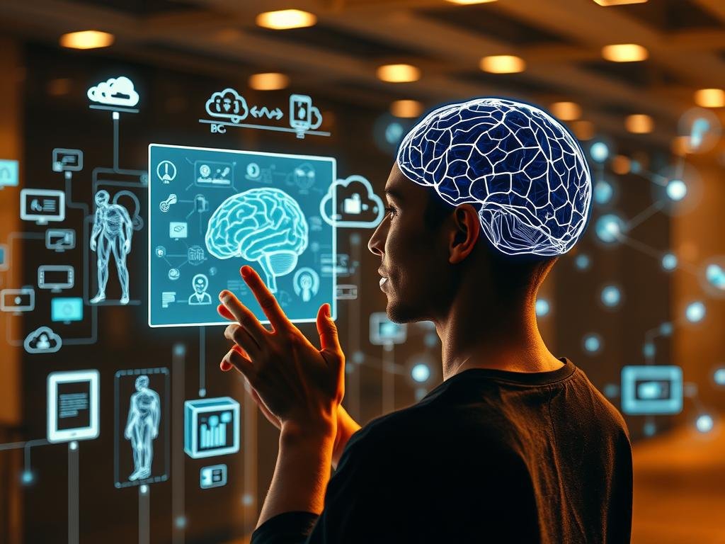 A crisp and detailed scene showcasing the real-world applications of brain-computer interface (BCI) technology. In the foreground, a person seamlessly interacts with a futuristic holographic display, their neural signals translated into precise control inputs. The middle ground reveals a diverse array of BCI-enabled devices, from prosthetic limbs to communication aids, empowering individuals with disabilities. In the background, a network of interconnected devices and cloud-based services illustrates the integration of BCIs into the broader digital ecosystem. Warm lighting and clean, minimalist aesthetics convey a sense of sophistication and accessibility. The overall image should capture the transformative potential of non-invasive BCIs in enhancing digital accessibility and quality of life.
