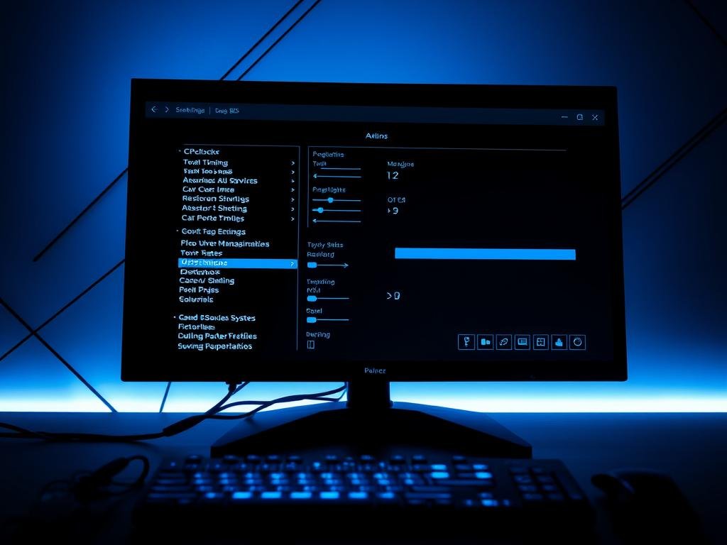A dark, futuristic computer interface with an array of advanced BIOS settings displayed on a sleek, high-resolution monitor. The screen shows detailed options for CPU overclocking, memory timings, power management, and other low-level system configurations. The interface is bathed in a cool, blue-tinted light, casting an atmospheric glow across the scene. In the foreground, precision sliders and toggles allow the user to fine-tune system parameters. The background features a subtle, minimalist design with clean lines and geometric shapes, conveying a sense of technical sophistication. The overall mood is one of focused, technical prowess - a workspace for the performance-minded PC enthusiast.