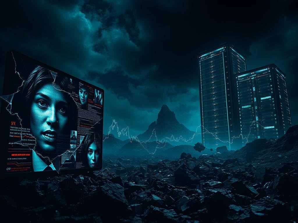 A dark, gritty digital landscape depicting various examples of AI manipulation. In the foreground, a shattered screen displays distorted faces and glitching algorithms, hinting at the darker side of artificial intelligence. The middle ground features abstract data visualizations, with lines and shapes twisting and bending, representing the complexities of AI systems. In the background, a towering monolith of servers and hardware looms, casting an ominous shadow over the scene. The lighting is harsh and dramatic, with stark contrasts and deep shadows, evoking a sense of unease and unease. The overall atmosphere is one of technological dystopia, where the power of AI has been twisted and abused.