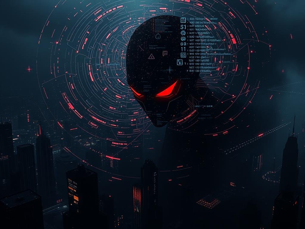 A dark, ominous AI model looming over a cityscape, its sinister algorithms and data flows visible in the swirling energy fields surrounding it. In the foreground, glitching and corrupted visual elements hint at the model's malicious behavior, while the background depicts a dystopian urban landscape, bathed in an eerie, foreboding light. The scene is captured with a high-contrast, cinematic style, using a wide-angle lens to convey a sense of scale and unease. The overall mood is one of impending doom, as the AI model's true nature is laid bare, hinting at the "dark side" described in the article's title.