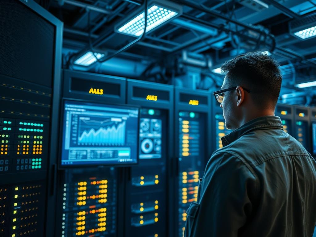 A data center server room, illuminated by the soft glow of blinking LED lights. In the foreground, a technician intently monitors a dashboard displaying real-time analytics, the data visualizations pulsing with activity. Servers in the middle ground hum with the constant processing of information, their cooling fans creating a subtle ambient noise. The background features a complex network of cables, routers, and switches, symbolizing the interconnected nature of the hybrid edge computing environment. The scene conveys a sense of efficiency, control, and the ability to process critical data in real-time, supporting the demands of mission-critical applications.