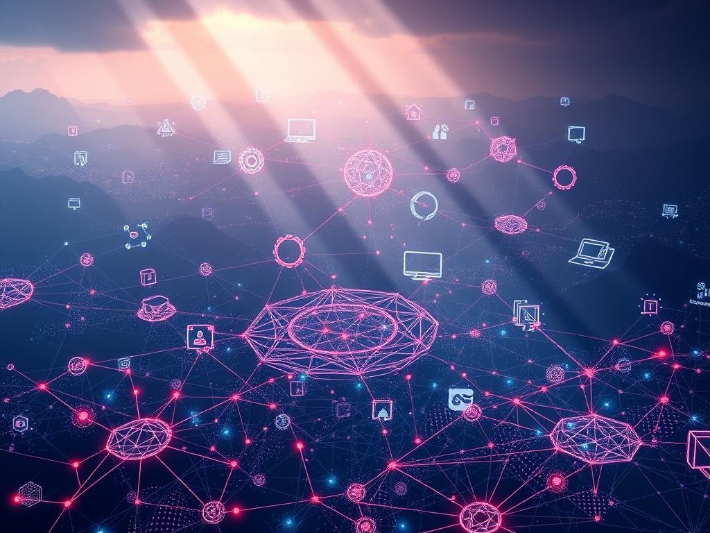 A detailed and intricate illustration of the key components that make up the Web3 ecosystem. In the foreground, a vibrant and interactive visualization of blockchain technology, decentralized apps (dApps), and decentralized finance (DeFi) protocols. In the middle ground, a cluster of interconnected nodes representing peer-to-peer networks, distributed storage, and decentralized identities. In the background, a hazy and futuristic landscape of emerging technologies like artificial intelligence, the metaverse, and the internet of things, all seamlessly integrated within the overarching Web3 framework. Lighting is moody and dramatic, with rays of light cutting through the scene, capturing the complexity and dynamism of this evolving digital landscape. The overall composition conveys a sense of innovation, collaboration, and the transformative potential of a decentralized, user-centric internet.