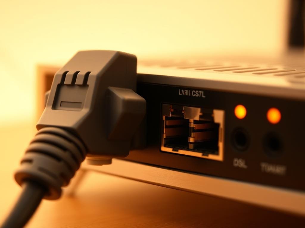 A detailed close-up of a DSL internet connection, showcasing a telephone landline jack and a DSL modem. The modem is sleek and modern, with status indicator lights and Ethernet ports. The lighting is soft and diffused, creating a warm, informative atmosphere. The camera angle is slightly elevated, providing a clear, unobstructed view of the components. The background is blurred, keeping the focus on the DSL hardware. Textures and materials are rendered with photorealistic precision, emphasizing the technical nature of the subject.