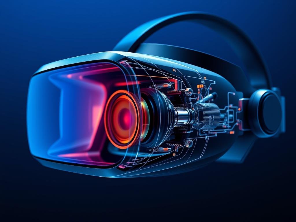 A detailed cross-section view of a state-of-the-art VR headset display technology. In the foreground, a high-resolution OLED display with vivid, true-to-life colors and deep blacks. In the middle ground, advanced optical lenses that precisely focus the image and create a wide, immersive field of view. In the background, a complex arrangement of mirrors, prisms, and sensors that track the user's eye movements and head position, enabling fluid, low-latency responsiveness. The scene is bathed in a cool, technical blue lighting, highlighting the sleek, angular design of the headset components. An intricate, almost surgical level of detail showcases the engineering excellence behind modern VR display systems.