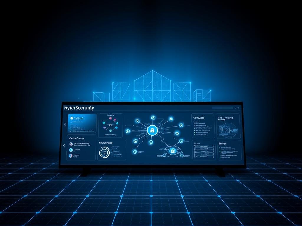 A detailed cybersecurity implementation roadmap against a stark, minimalist background. In the foreground, a sleek, futuristic dashboard with various security modules and analytical visualizations. In the middle ground, a network diagram with interconnected nodes and secure gateways. In the background, a subtle grid pattern symbolizing the underlying infrastructure. Illuminated by cool, blue-tinted lighting that creates a sense of technological sophistication. The overall atmosphere is one of control, visibility, and strategic planning for enterprise-level cybersecurity implementation.