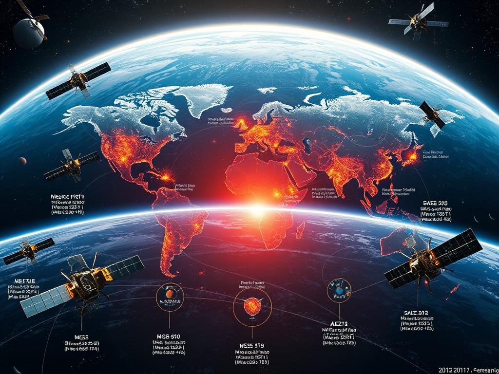 A detailed, high-resolution image of a satellite internet comparison, showcasing the key players in the global race for satellite-based connectivity. In the foreground, various satellite models and designs from competing companies, each highlighted with technical specifications and performance metrics. In the middle ground, a world map with coverage areas and connectivity routes, illuminated by satellite signals. In the background, a dramatic cosmic landscape, with planets, stars, and the vastness of space, conveying the scale and ambition of these revolutionary technologies. Rendered with cinematic lighting, crisp details, and a sense of technological prowess and innovation.
