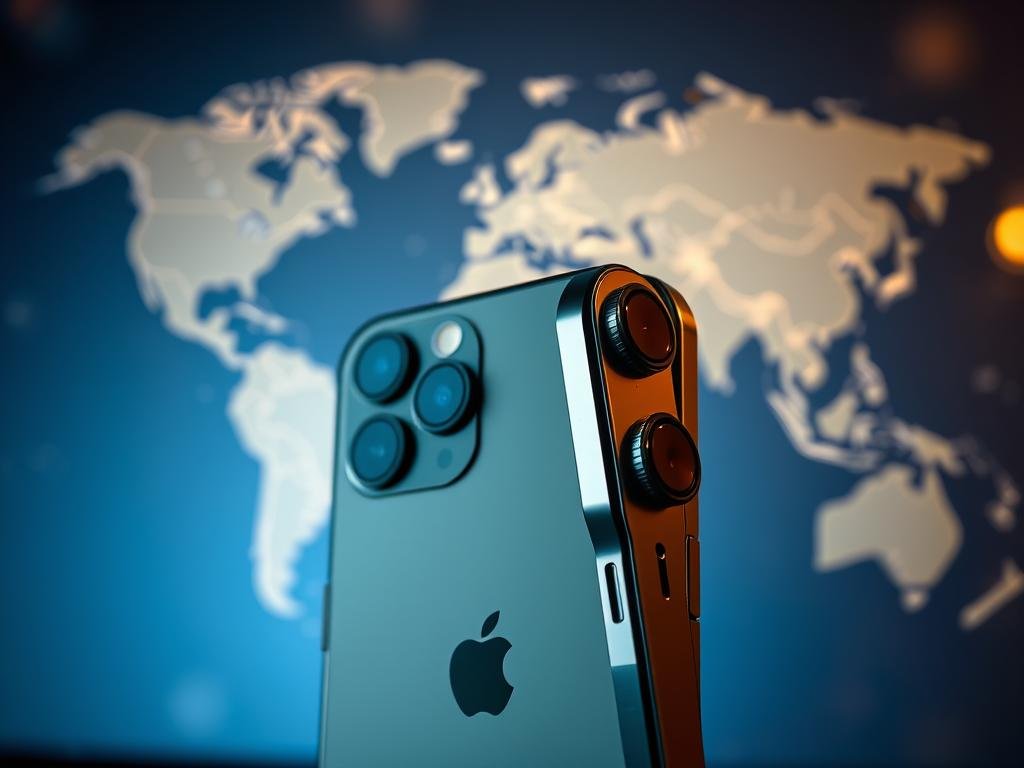 a detailed, high-resolution image of the iphone17 pro in a global release context. the device is prominently displayed in the foreground, showcasing its sleek, metallic design and advanced camera array. the background features a stylized world map, highlighting international regions and markets, conveying the global availability and reach of this flagship smartphone. subtle lighting and depth-of-field effects create a sense of depth and professional-grade photography. the overall composition and color palette reflect the premium, cutting-edge nature of the iphone17 pro, setting the stage for its impact on mobile photography.