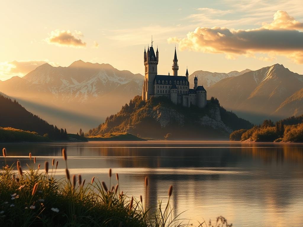 A detailed hyper-realistic photograph of a stunning landscape with a towering castle in the distance, bathed in the warm glow of the setting sun. The foreground features a serene lake reflecting the golden hues of the sky, with lush vegetation and delicate wildflowers lining the shores. The middle ground showcases a grand, ornate castle perched atop a majestic hill, its turrets and spires reaching skyward. The background is dominated by a range of rugged, snow-capped mountains, their peaks touched by wispy clouds. Dramatic lighting casts long shadows and highlights the intricate architectural details of the castle. The overall scene exudes a sense of timeless grandeur and tranquility.