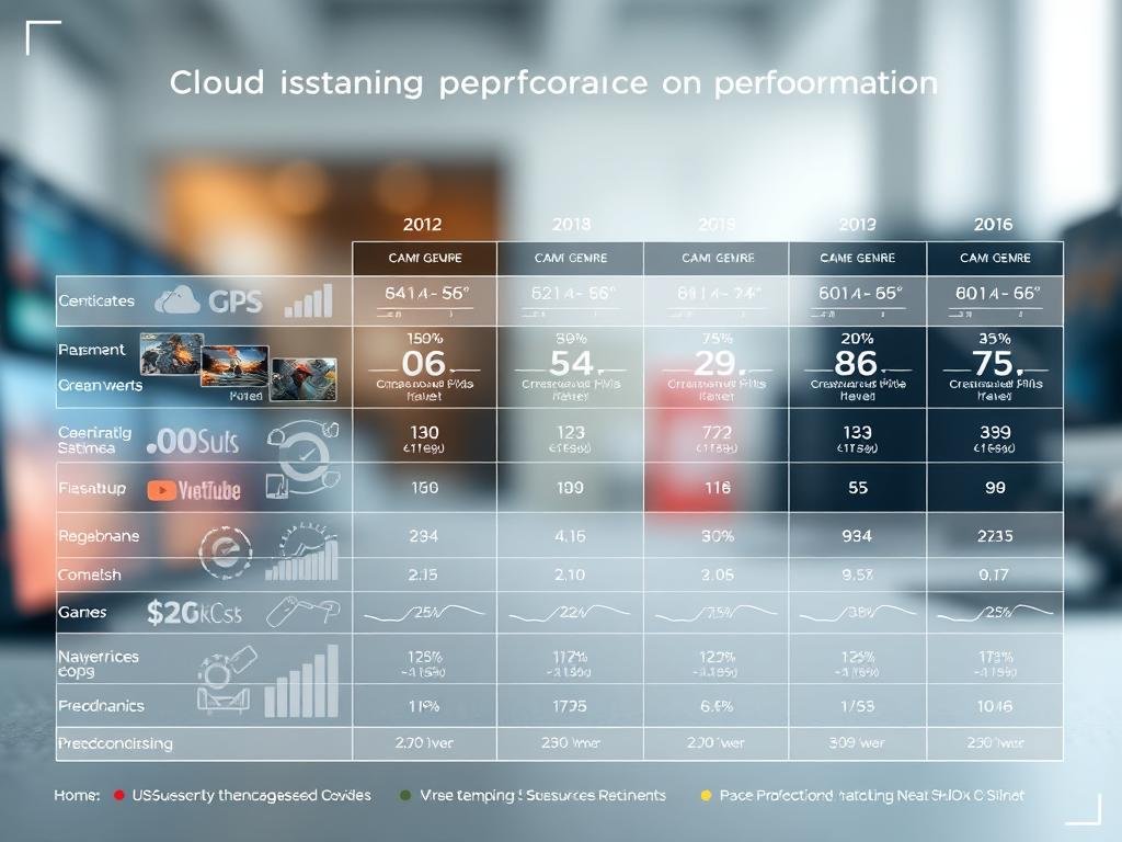 A detailed, meticulously rendered comparison chart depicting the performance of various game genres across multiple cloud gaming platforms. The foreground showcases a holistic visual representation, with crisp data visualizations, intuitively organized charts, and clear labeling. The middle ground features sleek, minimalist UI elements that convey technical information in a refined, high-contrast manner. The background is a softly blurred, gradient-infused environment, creating a sense of depth and professionalism. Lighting is natural and balanced, with a slight directional emphasis to accentuate the data. The overall mood is one of analytical clarity, technical prowess, and data-driven insights, perfectly suited for a comprehensive cloud gaming performance analysis.