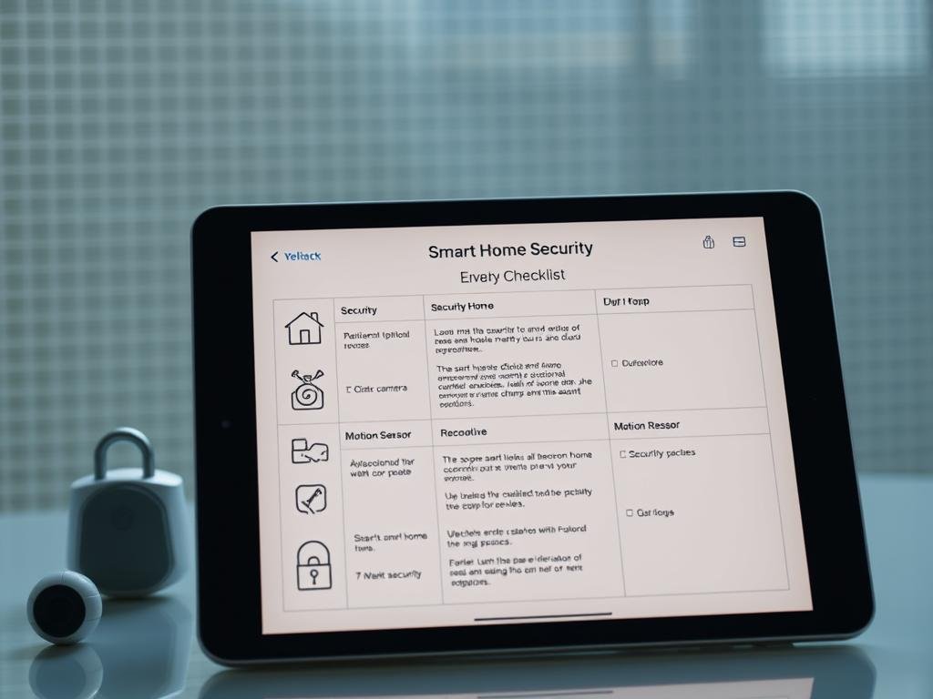 A detailed smart home security checklist displayed on a digital tablet. The foreground shows various security icons and indicators including a lock, security camera, motion sensor, and smart home system logo. The middle ground features a clean, minimalist interface with sections for different smart home devices and security measures. The background has a subtle grid-like pattern suggesting a high-tech, futuristic environment. Lighting is soft and diffused, creating a sense of professionalism and authority. The camera angle is slightly elevated to convey a comprehensive overview of the smart home security system.