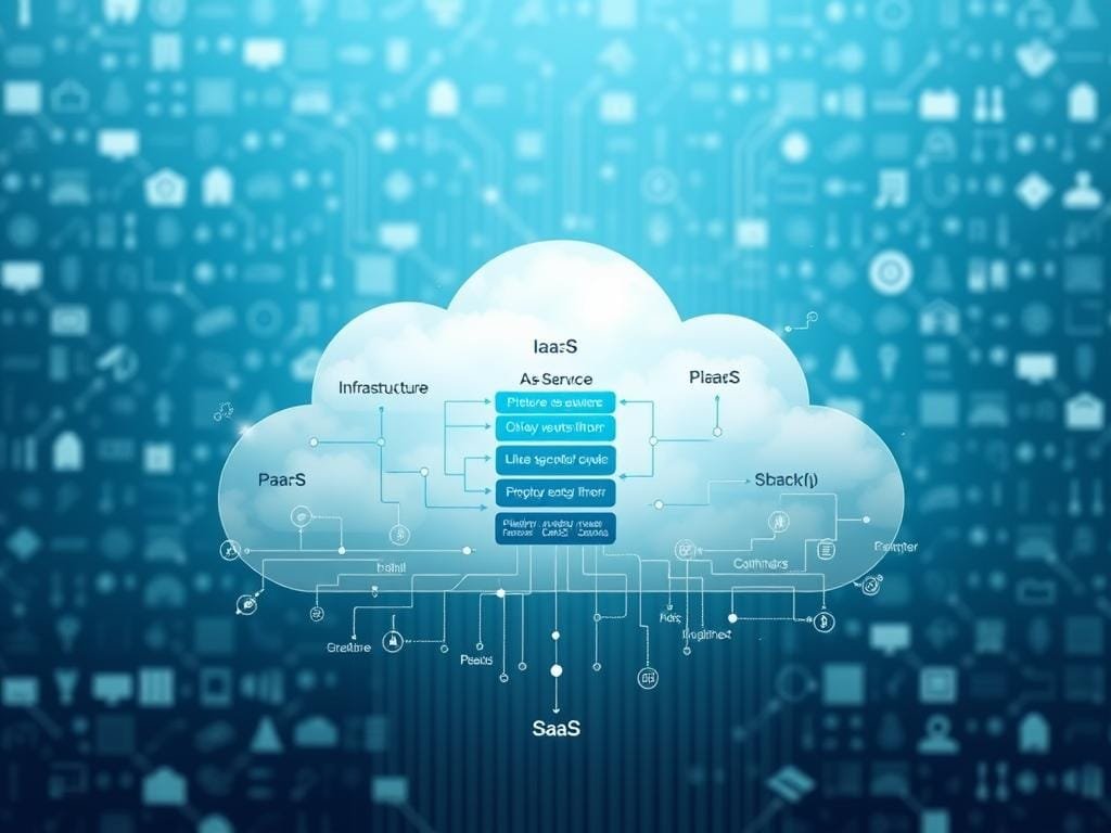 A detailed, technical illustration showcasing the key cloud service models. In the foreground, a cloud-like shape composed of various interconnected nodes and data flows, representing the Infrastructure-as-a-Service (IaaS) layer. In the middle ground, a series of modular software components stacked vertically, depicting the Platform-as-a-Service (PaaS) layer. In the background, a grid of abstracted icons and symbols, symbolizing the Software-as-a-Service (SaaS) layer. The overall scene is bathed in a soft, ethereal lighting, conveying a sense of the seamless integration and scalability of cloud computing solutions. The image should feel both visually striking and conceptually informative.