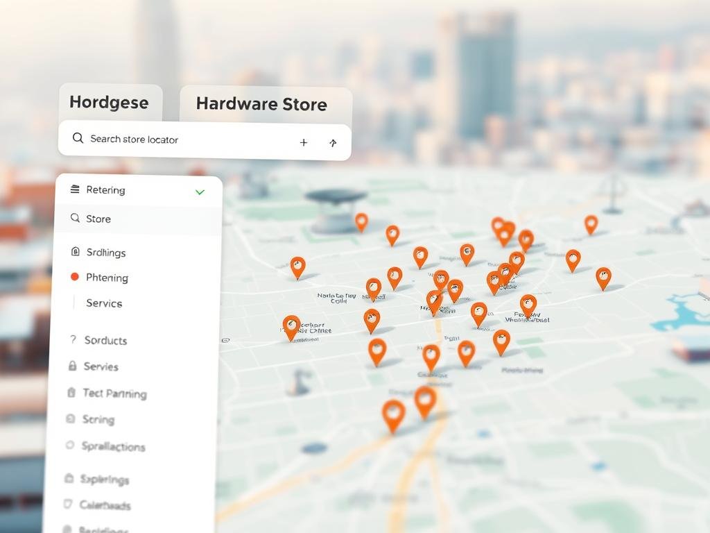 a detailed, user-friendly hardware store locator interface with a prominent search bar, filtering options, and a dynamic map displaying store locations. the foreground features clean ui elements in a minimalist, on-brand color palette. the middle ground showcases store icons and pins on a crisp, high-resolution map, while the background subtly conveys a sense of community and accessibility with a softly blurred cityscape. optimal lighting creates a warm, inviting atmosphere, and a shallow depth of field draws the viewer's focus to the key functional elements. the overall composition and styling should feel modern, intuitive, and conducive to quickly finding the nearest hardware store.