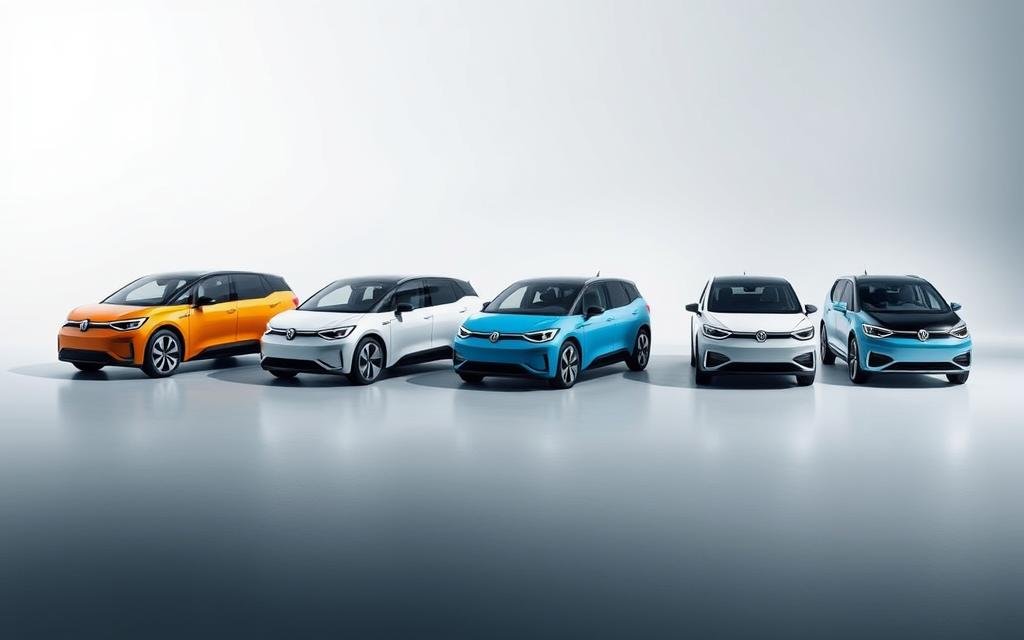 A detailed, well-lit comparison of the various trim levels of the Volkswagen ID.Buzz electric microbus. The foreground showcases the different exterior color options, trim accents, and wheel designs. The middle ground highlights the distinct front and rear fascia styling cues for each trim. The background subtly blends the ID.Buzz silhouettes against a sleek, minimalist backdrop, emphasizing the clean, futuristic design language. Captured with a wide-angle lens to provide a comprehensive side-by-side view, this image aims to help viewers appreciate the nuanced differences in the ID.Buzz's trim-specific styling details.