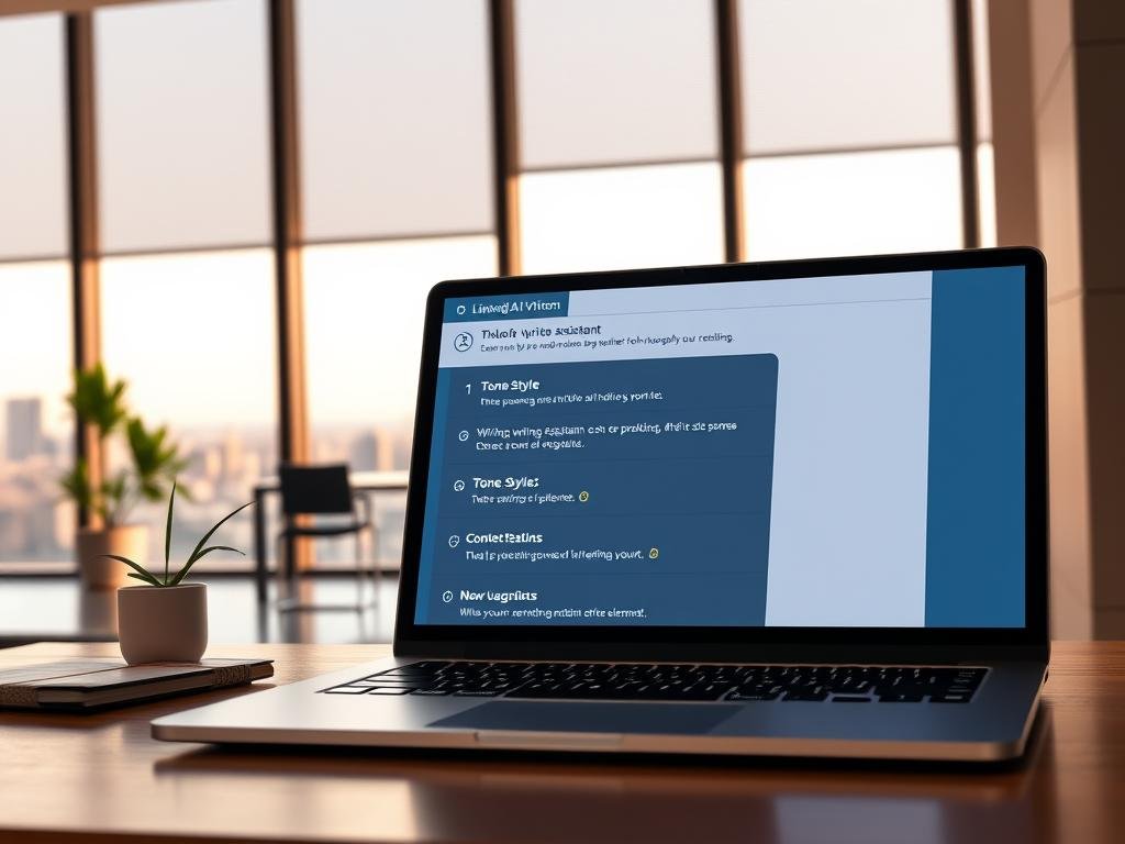 A digital workspace with a sleek, modern design. In the foreground, a professional-looking laptop displays the LinkedIn AI writing assistant interface, featuring options for tone, style, and content suggestions. In the middle ground, a minimalist office setup with a desk, chair, and potted plant creates a productive atmosphere. The background showcases a panoramic city skyline through large windows, bathed in warm, natural lighting. The overall mood is one of efficiency, technology, and the future of professional communication.
