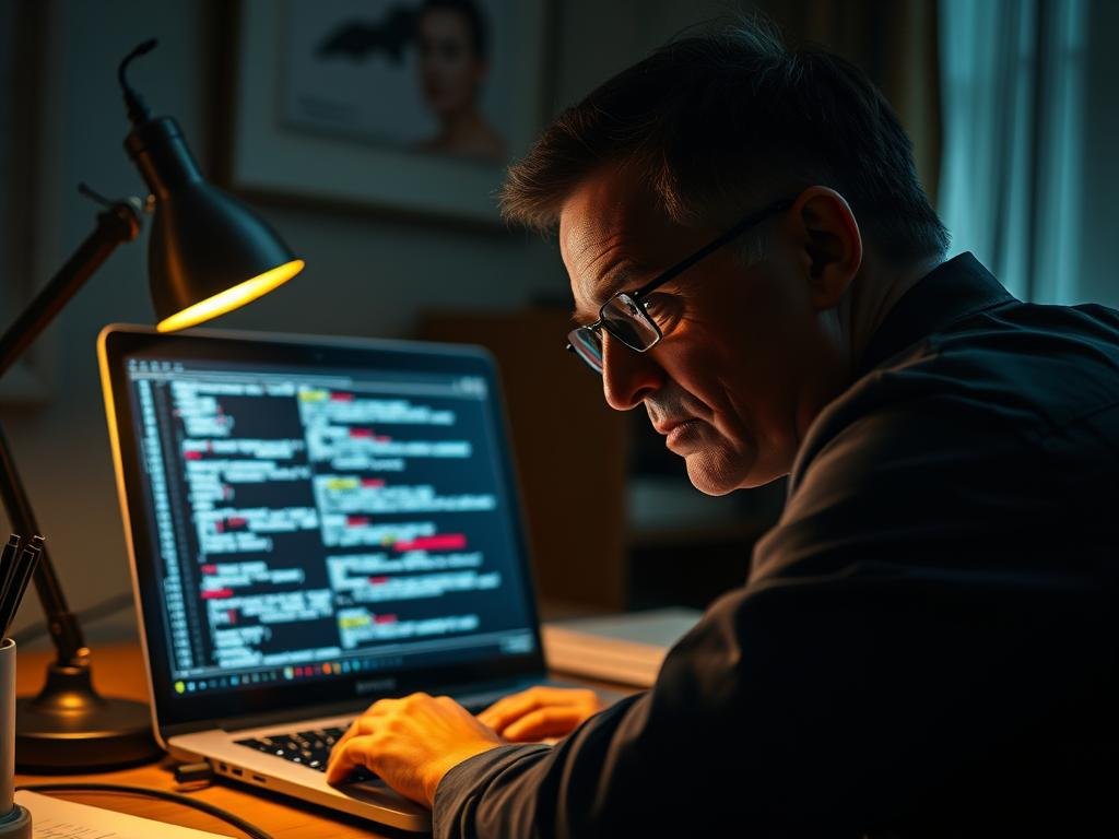 A dimly lit academic setting, with a desk lamp casting a warm glow over a laptop screen. On the screen, an AI-powered detection system analyzes lines of code, algorithms, and patterns, uncovering attempts at academic dishonesty. In the foreground, a professor leans in, brow furrowed, determined to maintain the integrity of the educational process. The atmosphere is one of vigilance and technological sophistication, as the institution fights back against the rise of AI-assisted cheating. The scene conveys a sense of the high-stakes battle being waged to preserve the honesty and fairness of the academic environment.