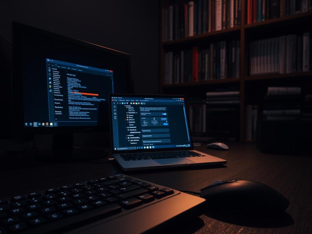 A dimly lit computer workstation, the glow of the monitor casting a soft light on the desk. In the foreground, a keyboard and mouse, their surfaces dotted with intricate circuit patterns, hinting at the underlying complexities of system optimization. In the middle ground, an open laptop displaying an array of system configuration windows, windows overlapping as the user navigates the advanced settings. In the background, a bookshelf filled with technical manuals and engineering journals, suggesting a deep well of knowledge and expertise. The atmosphere is one of focused concentration, the user immersed in the delicate process of fine-tuning their machine for peak performance.