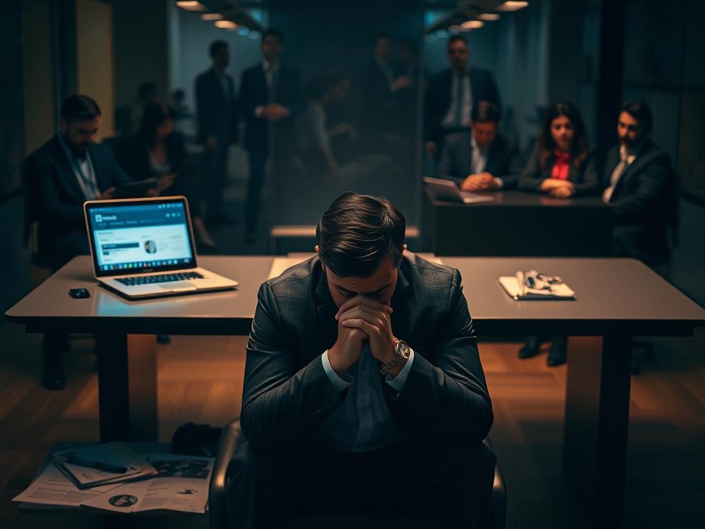 A dimly lit corporate office setting, with a sleek and modern desk at the center. On the desk, a laptop displays a LinkedIn interface, showcasing an AI writing assistant tool. In the foreground, a frustrated business professional sits, hands clasped in contemplation, surrounded by scattered industry reports and analysis. The middle ground features a hazy, out-of-focus backdrop of colleagues in various states of disinterest or disdain, conveying a sense of professional rejection towards the AI tool. The lighting is warm and subtle, casting long shadows and highlighting the pensive mood. The overall atmosphere suggests a sense of disappointment and disillusionment within the industry towards the AI writing assistant's perceived flaws or lack of practical utility.