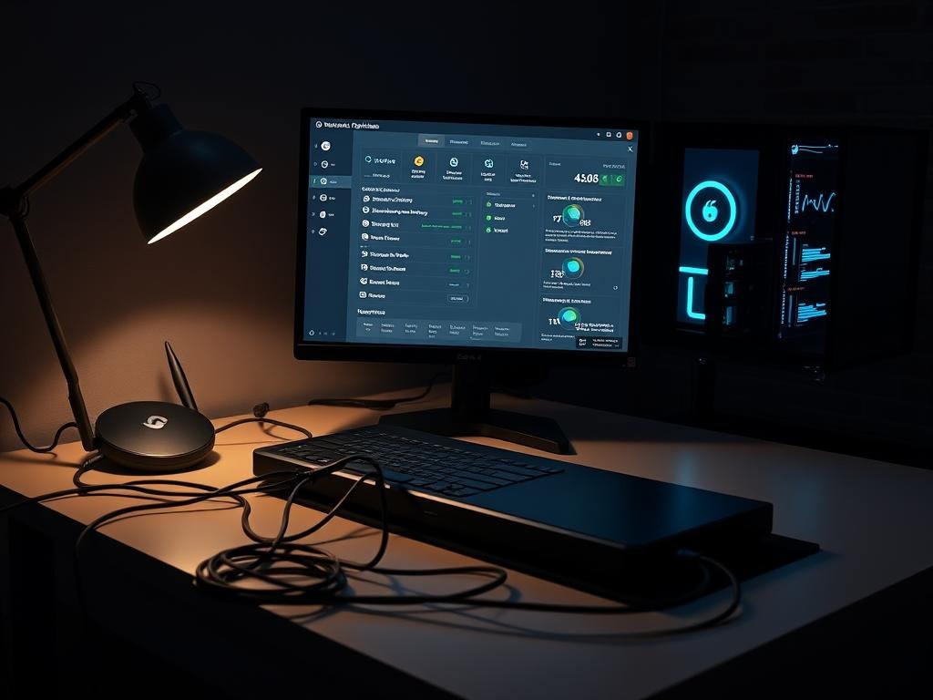 A dimly lit, cozy home office with a Steam Deck propped up on a sleek, minimalist desk. Cables snake around, connecting the device to a powerful gaming PC and a high-speed internet router. On the screen, a detailed network optimization interface showcases various settings, visualizations, and performance metrics. Soft, warm lighting from a desk lamp and the glow of the Steam Deck's display create a contemplative atmosphere, suggesting the user's focus on fine-tuning their cloud gaming setup for maximum efficiency and responsiveness.