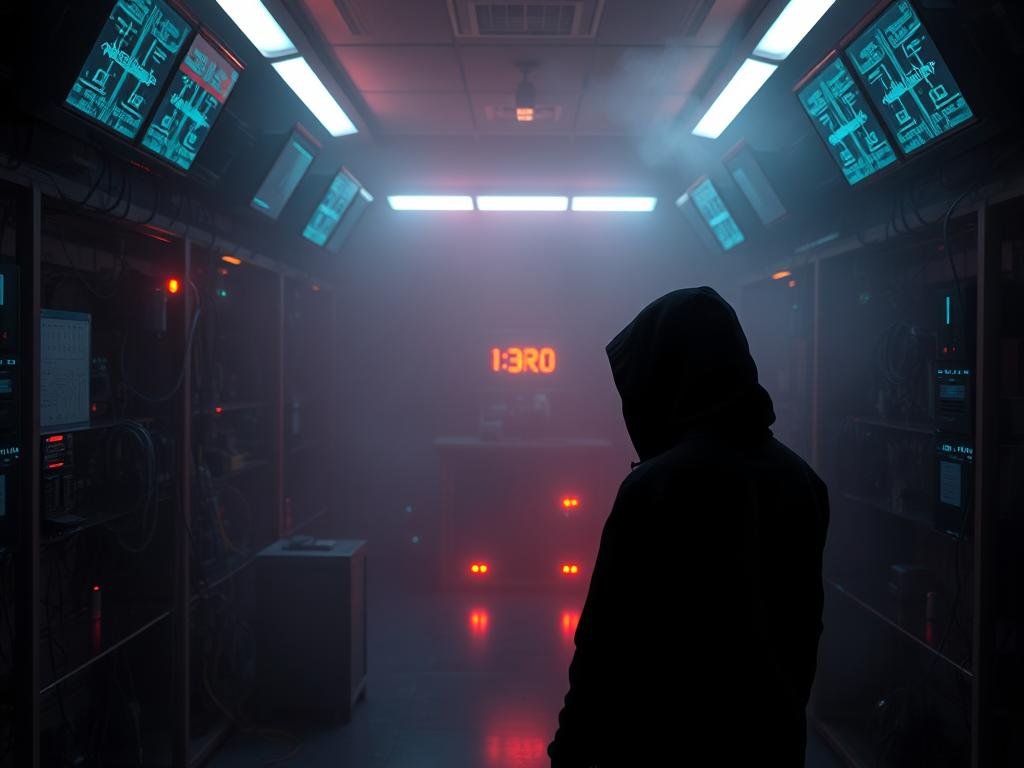 A dimly lit laboratory with ominous, glowing computer screens. In the foreground, a lone, shadowy figure stands, their face obscured, conveying a sense of unease and uncertainty. The middle ground features a complex array of circuits, wires, and sensors, hinting at the intricate and potentially dangerous nature of the technology at play. The background is shrouded in a hazy, foreboding atmosphere, as if the very air holds a sense of foreboding. The lighting is a mix of cool, fluorescent tones and warm, ominous hues, creating a palpable tension. The overall scene evokes a sense of the unknown, the unseen, and the potentially harmful consequences of unrestrained AI development.